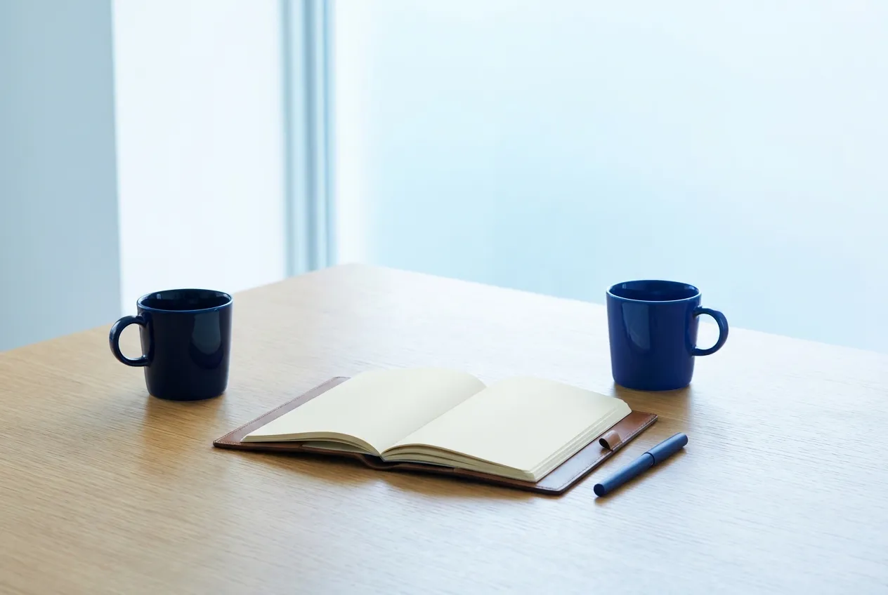 Two coffee cups on a table facing each other beside an open notebook, set for a meeting
