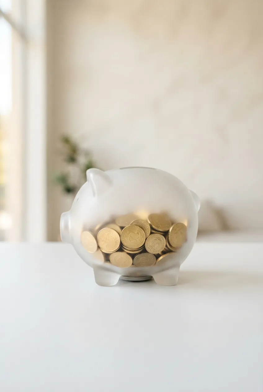 A parent and child putting a coin into a clear glass savings jar