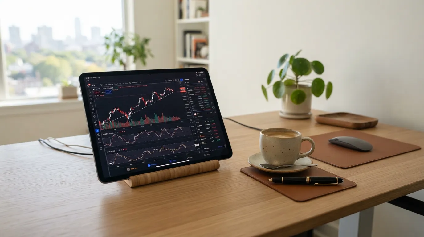 A tablet on a desk displaying a rising investment chart