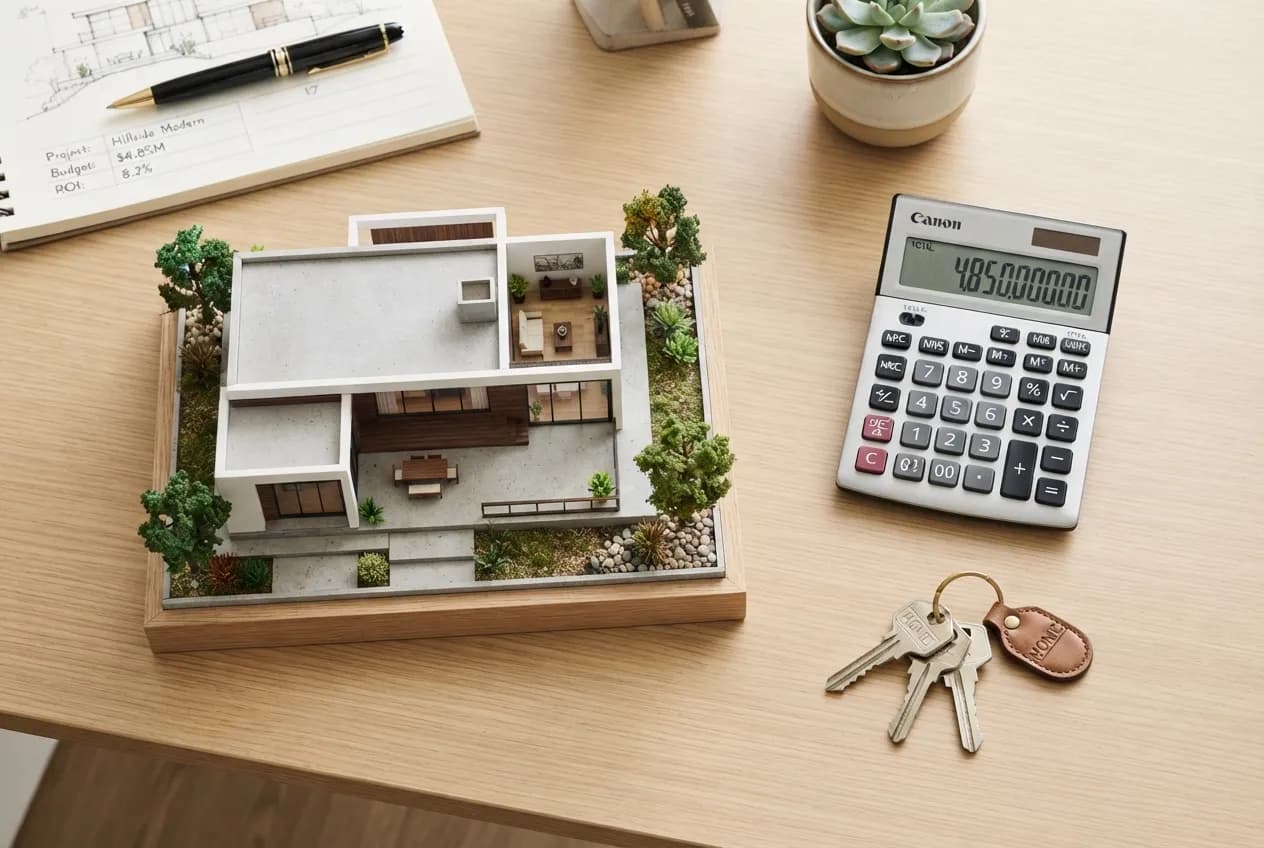 A top-down view of a miniature house model beside a calculator and house keys