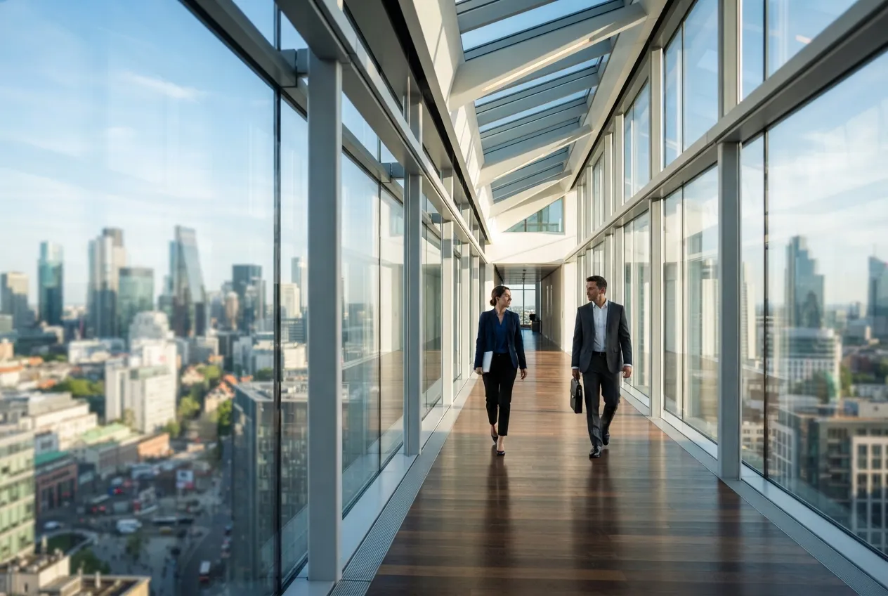 Two business professionals walking through a glass corridor overlooking a city skyline