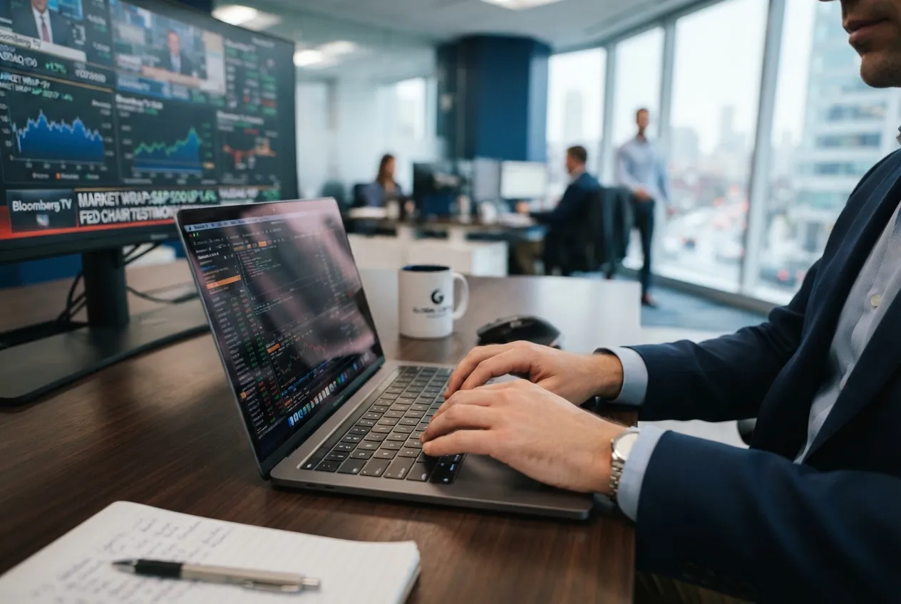 A trader working on a laptop with live market charts on nearby screens