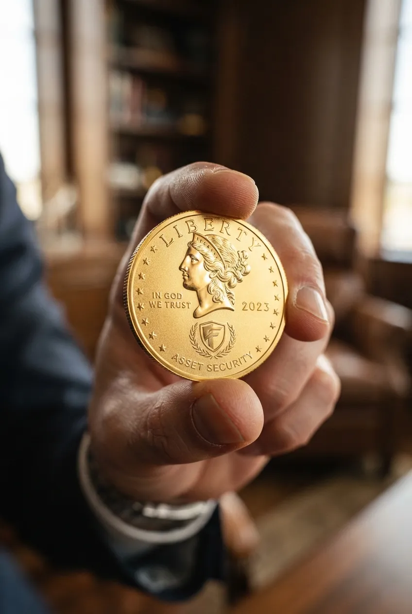 A close-up of a hand holding a gold coin engraved with 'Asset Security'