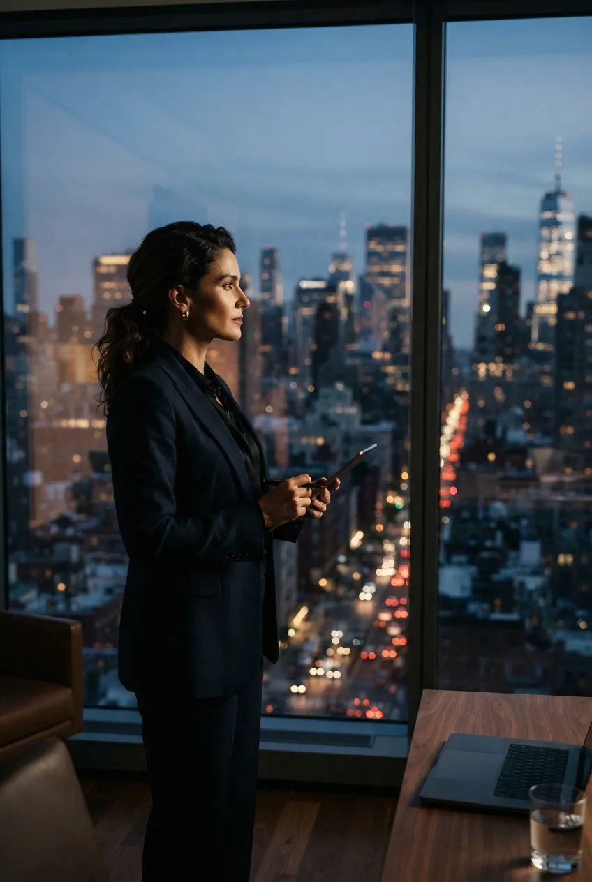 A confident executive looking out over a city skyline at dusk while holding a tablet