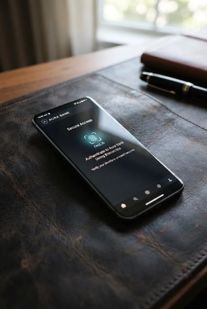 A smartphone on a desk showing a secure banking app login screen