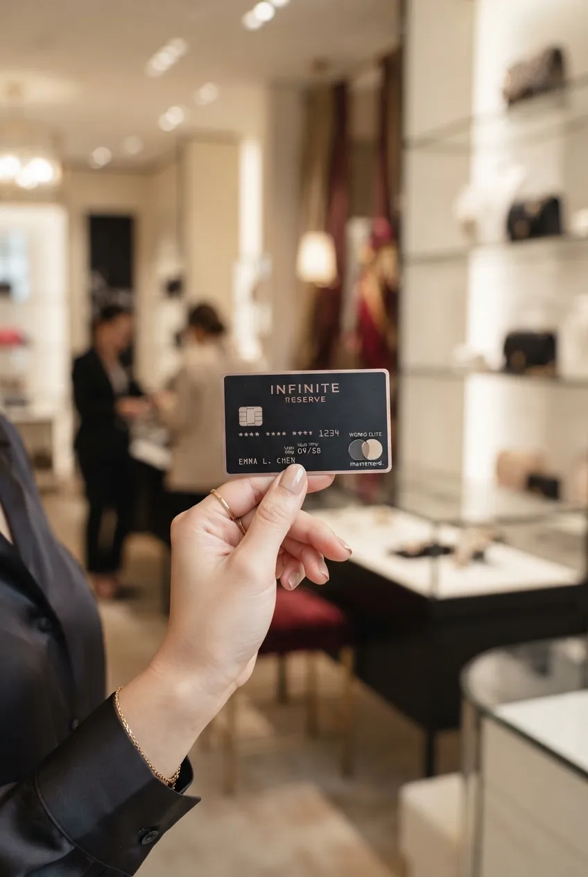 A hand holding a premium metal credit card in a boutique store