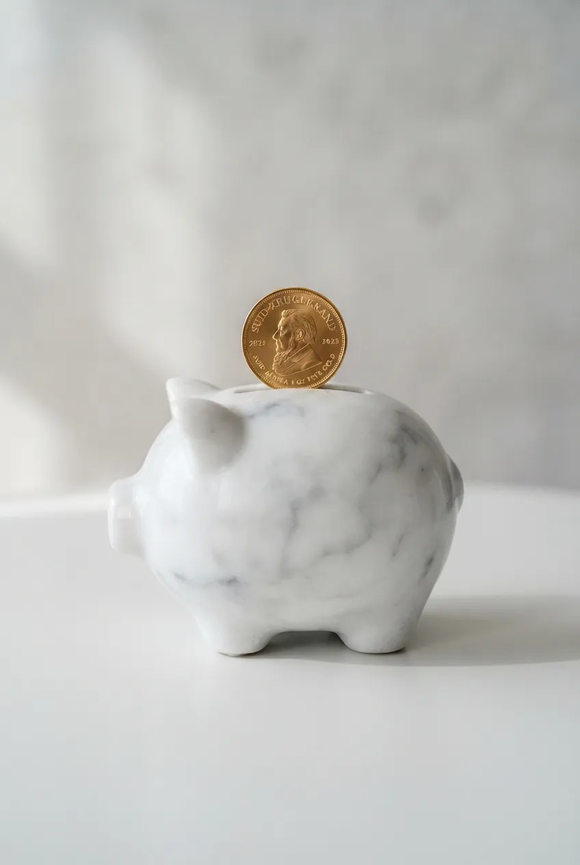 A marble piggy bank with a gold coin balanced on top