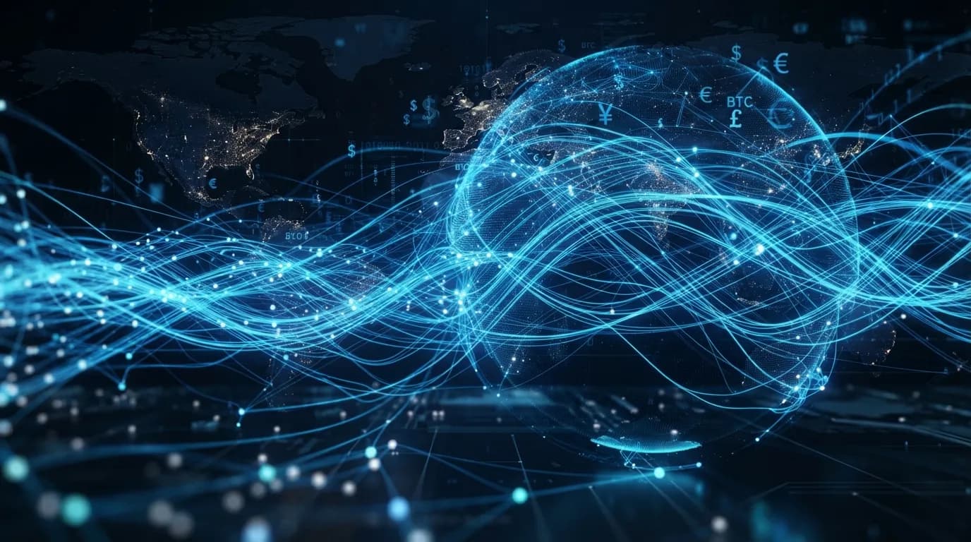 An abstract network of glowing blue lines connecting global currency symbols